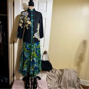 Vintage Robbie Bee Wms Silk Asian Inspo Floral Boho Sequin Mandarin Blouse 10P